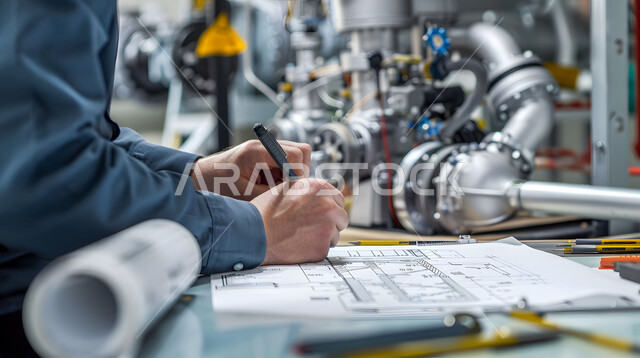 تدقيق المشاريع ومراجعتها، متابعة استراتيجات المشروع، ادارة المشاريع الهندسية، صورة مقربة لمهندس يرسم مخططات المضخة والصمامات لمحطة الضخ في احدى المكاتب