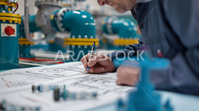 Engineering Project Management, Close up of engineer drawing pump and valve plans for pumping station in office, Project strategy follow up, Project audit and review