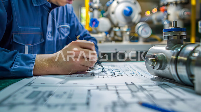 متابعة استراتيجات المشروع، ادارة المشاريع الهندسية، صورة مقربة لمهندس يرسم مخططات المضخة والصمامات لمحطة الضخ في احدى المكاتب، تدقيق المشاريع ومراجعتها