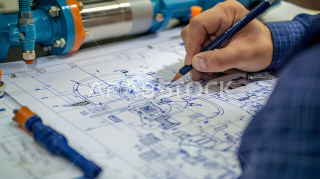 متابعة استراتيجات المشروع، ادارة المشاريع الهندسية، صورة مقربة لمهندس يرسم مخططات المضخة والصمامات لمحطة الضخ في احدى المكاتب، تدقيق المشاريع ومراجعتها