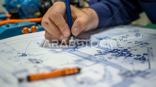 ادارة المشاريع الهندسية، صورة مقربة لمهندس يرسم مخططات المضخة والصمامات لمحطة الضخ في احدى المكاتب، متابعة استراتيجات المشروع، تدقيق المشاريع ومراجعتها