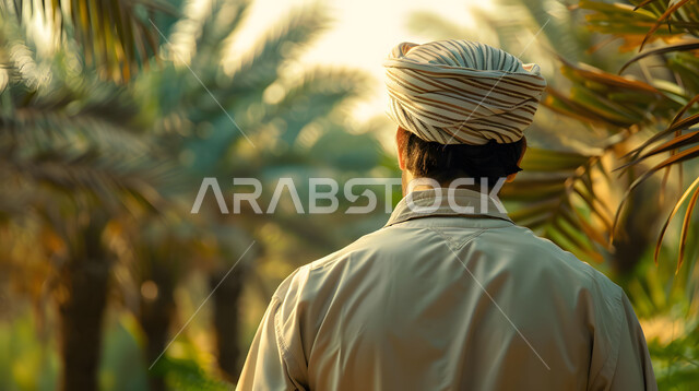 عناقيد التمر السكري اللذيذ، صورة مقربة من الخلف لمزارع عربي خليجي سعودي يسير وسط أشجار نخيل التمر بالمملكة العربية، المناظر الطبيعة الخضراء في السعودية، احتراف مهنة الفلاحة والزراعة، موسم حصاد التمور، جودة المحاصيل والمنتجات الوطنية المحلية