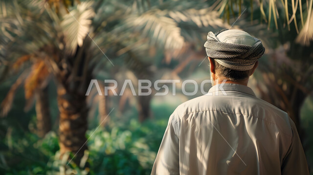 المناظر الطبيعة الخضراء في السعودية، عناقيد التمر السكري اللذيذ، صورة مقربة من الخلف لمزارع عربي خليجي سعودي يسير وسط أشجار نخيل التمر بالمملكة العربية، احتراف مهنة الفلاحة والزراعة، موسم حصاد التمور، جودة المحاصيل والمنتجات الوطنية المحلية