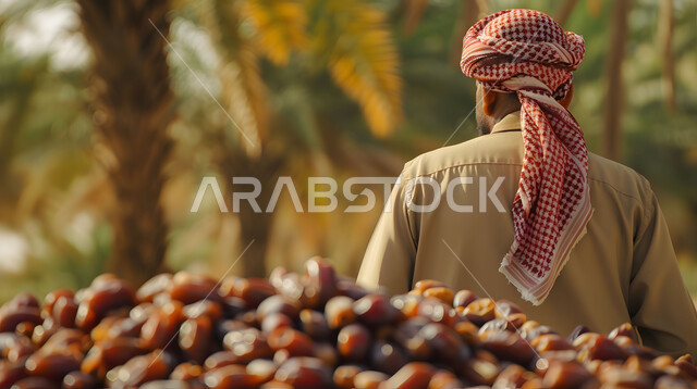 عناقيد التمر السكري اللذيذ، صورة مقربة من الخلف لمزارع عربي خليجي سعودي يسير وسط أشجار نخيل التمر بالمملكة العربية، المناظر الطبيعة الخضراء في السعودية، احتراف مهنة الفلاحة والزراعة، موسم حصاد التمور، جودة المحاصيل والمنتجات الوطنية المحلية