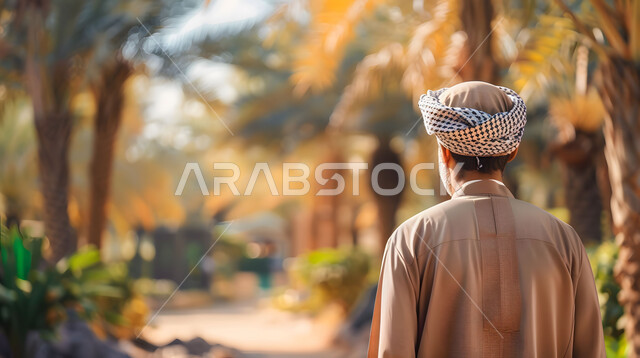 عناقيد التمر السكري اللذيذ، صورة مقربة من الخلف لمزارع عربي خليجي سعودي يسير وسط أشجار نخيل التمر بالمملكة العربية، المناظر الطبيعة الخضراء في السعودية، احتراف مهنة الفلاحة والزراعة، موسم حصاد التمور، جودة المحاصيل والمنتجات الوطنية المحلية