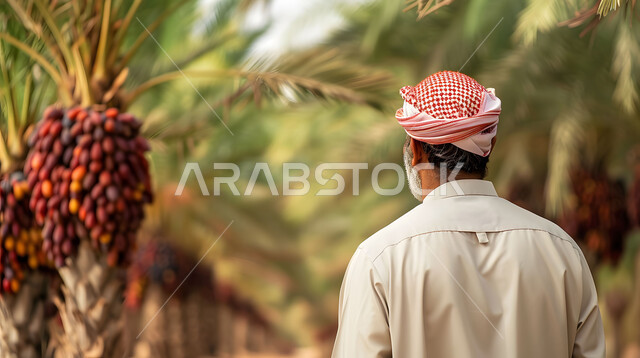 المناظر الطبيعة الخضراء في السعودية، عناقيد التمر السكري اللذيذ، صورة مقربة من الخلف لمزارع عربي خليجي سعودي يسير وسط أشجار نخيل التمر بالمملكة العربية، احتراف مهنة الفلاحة والزراعة، موسم حصاد التمور، جودة المحاصيل والمنتجات الوطنية المحلية