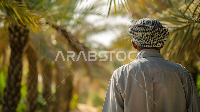 عناقيد التمر السكري اللذيذ، صورة مقربة من الخلف لمزارع عربي خليجي سعودي يسير وسط أشجار نخيل التمر بالمملكة العربية، المناظر الطبيعة الخضراء في السعودية، احتراف مهنة الفلاحة والزراعة، موسم حصاد التمور، جودة المحاصيل والمنتجات الوطنية المحلية