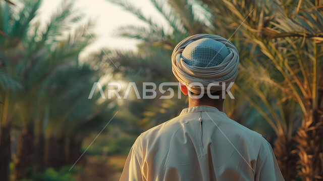 عناقيد التمر السكري اللذيذ، صورة مقربة من الخلف لمزارع عربي خليجي سعودي يسير وسط أشجار نخيل التمر بالمملكة العربية، المناظر الطبيعة الخضراء في السعودية، احتراف مهنة الفلاحة والزراعة، موسم حصاد التمور، جودة المحاصيل والمنتجات الوطنية المحلية