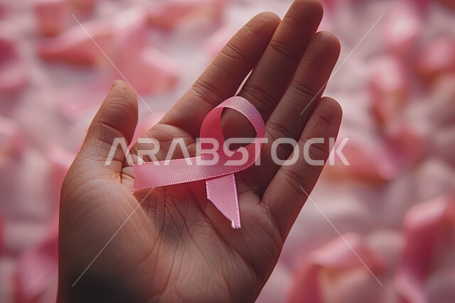 الحملة التوعويه بالامراض الخبيثه، الاهتمام بالمرض و بالكشف المبكر، رمز الحملة العالمية، اليوم العالمي للتوعية بسرطان الثدي، صورة مقربة ليد امراة عربية خليجية سعودية تحمل شريط زهري اللون