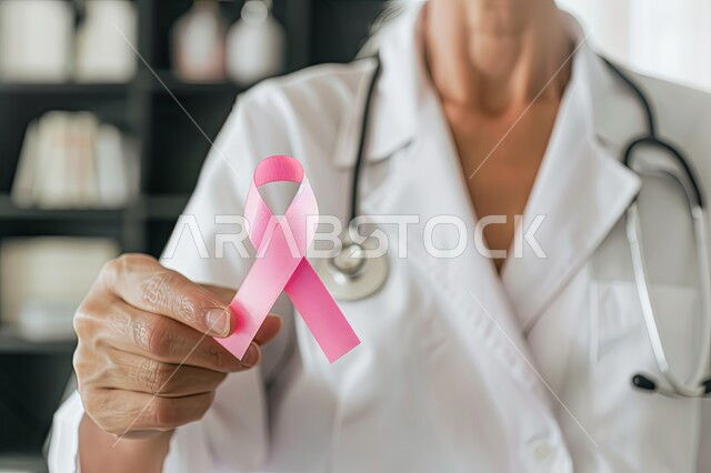 الاهتمام بالمرض و بالكشف المبكر، رمز الحملة العالمية، اليوم العالمي للتوعية بسرطان الثدي، صورة مقربة لطبيبة عربية خليجية سعودية ترتدي المعطف والسماعة الطبية تحمل بيدها شريط زهري اللون، الحملة التوعويه بالامراض الخبيثه