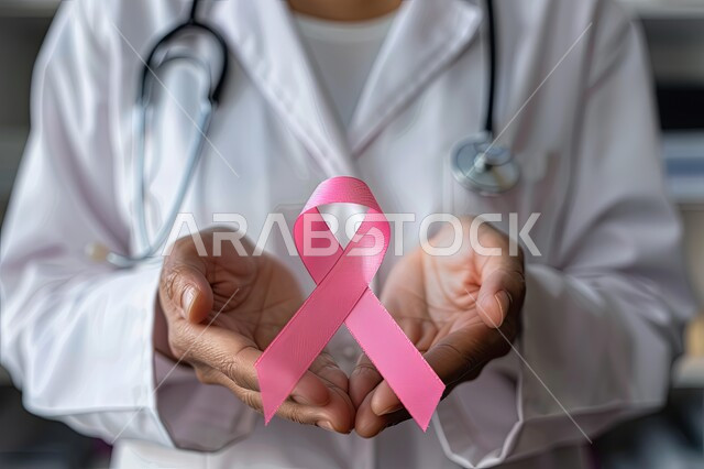 رمز الحملة العالمية، اليوم العالمي للتوعية بسرطان الثدي، صورة مقربة لطبيبة عربية خليجية سعودية ترتدي المعطف والسماعة الطبية تحمل بيدها شريط زهري اللون، الاهتمام بالمرض و بالكشف المبكر، الحملة التوعويه بالامراض الخبيثه