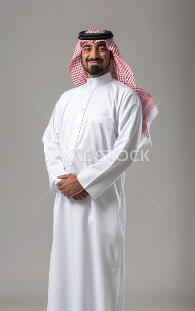 ايماءات الثقة والاعتزاز بالنفس، الاهتمام بالمظهر الخارجي، بورتريه لرجل عربي خليجي سعودي مبتسم يرتدي الشماغ والثوب السعودي التقليدي ينظر إلى الكاميرا بتعابير السرور، مفهوم الاناقه والرجولة، الوقوف بإيدي متشابكة،  خلفية رمادية