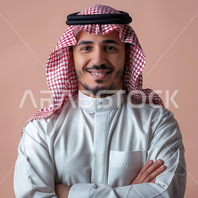 مفهوم الوسامة والرجولة، التقاط صور شخصية للوثائق الرسمية، الأناقة والاهتمام بالمظهر الخارجي، بورتريه مقرب لرجل عربي خليجي سعودي مبتسم يرتدي الشماغ والثوب التقليدي يقف بأيدي متقاطعة ينظر الى الكاميرا بتعابير السرور والثقة بالنفس، خلفية وردية