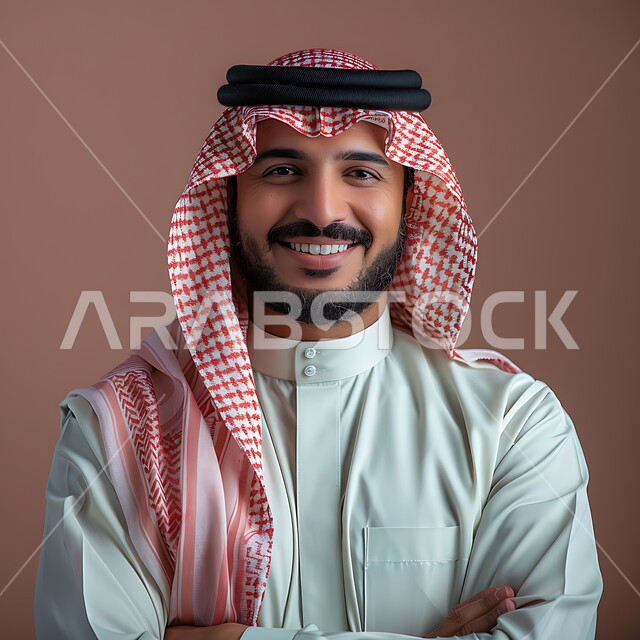 الأناقة والاهتمام بالمظهر الخارجي، مفهوم الوسامة والرجولة، التقاط صور شخصية للوثائق الرسمية، بورتريه مقرب لرجل عربي خليجي سعودي مبتسم يرتدي الشماغ والثوب التقليدي يقف بأيدي متقاطعة ينظر الى الكاميرا بتعابير السرور والثقة بالنفس، خلفية وردية