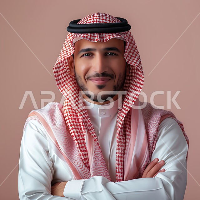 النظر الى الكاميرا بتعابير السرور والثقة بالنفس، التقاط صور شخصية للوثائق الرسمية، الأناقة والاهتمام بالمظهر الخارجي، مفهوم الوسامة والرجولة، بورتريه مقرب لرجل عربي خليجي سعودي مبتسم يرتدي الشماغ والثوب التقليدي يقف بأيدي متقاطعة، خلفية وردية