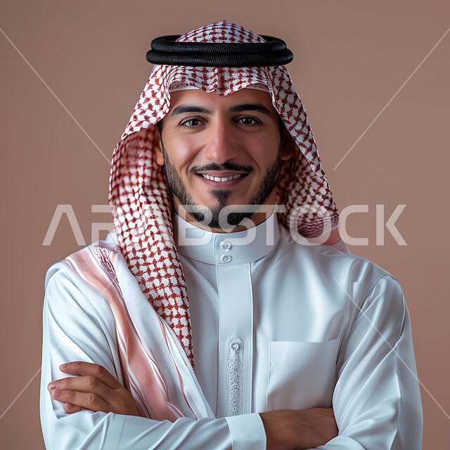 التقاط صور شخصية للوثائق الرسمية، الأناقة والاهتمام بالمظهر الخارجي، مفهوم الوسامة والرجولة، بورتريه مقرب لرجل عربي خليجي سعودي مبتسم يرتدي الشماغ والثوب التقليدي يقف بأيدي متقاطعة ينظر الى الكاميرا بتعابير السرور والثقة بالنفس، خلفية وردية