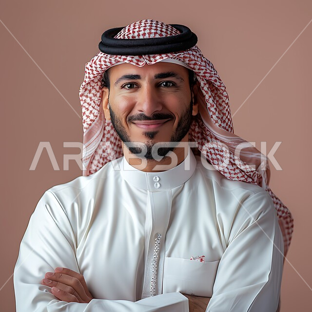 الأناقة والاهتمام بالمظهر الخارجي، مفهوم الوسامة والرجولة، التقاط صور شخصية للوثائق الرسمية، بورتريه مقرب لرجل عربي خليجي سعودي مبتسم يرتدي الشماغ والثوب التقليدي يقف بأيدي متقاطعة ينظر الى الكاميرا بتعابير السرور والثقة بالنفس، خلفية وردية