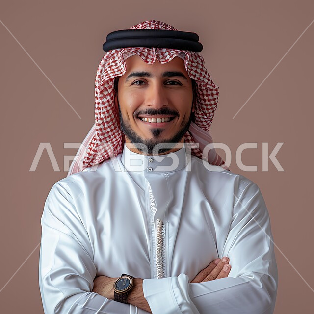 مفهوم الوسامة والرجولة، التقاط صور شخصية للوثائق الرسمية، الأناقة والاهتمام بالمظهر الخارجي، بورتريه مقرب لرجل عربي خليجي سعودي مبتسم يرتدي الشماغ والثوب التقليدي يقف بأيدي متقاطعة ينظر الى الكاميرا بتعابير السرور والثقة بالنفس، خلفية وردية