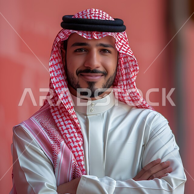 الوقوف بأيدي متقاطعة، الأناقة والاهتمام بالمظهر الخارجي، مفهوم الوسامة والرجولة، صورة مقربة لرجل عربي خليجي سعودي مبتسم يرتدي الشماغ والثوب التقليدي ينظر الى الكاميرا بتعابير السرور والثقة بالنفس