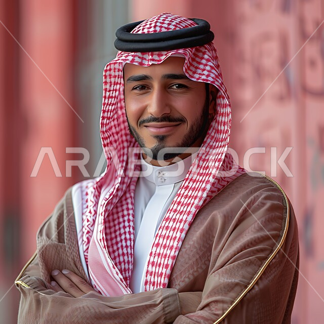 مفهوم الوسامة والرجولة، الوقوف بأيدي متقاطعة، الأناقة والاهتمام بالمظهر الخارجي، صورة مقربة لرجل عربي خليجي سعودي مبتسم يرتدي الشماغ والثوب التقليدي والبشت ينظر الى الكاميرا بتعابير السرور والثقة بالنفس