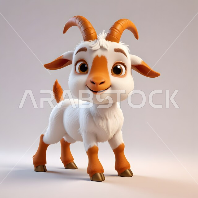 الأعياد والمناسبات الدينية الاسلامية، تربية الحيوانات والمواشي في المحميات الطبيعية، رسوم كرتونيه ثلاثية الابعاد لماعز لطيف مبتسم، قربان وأضحية عيد الأضحى، خلفية بيضاء