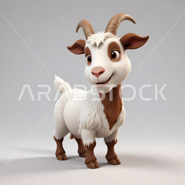 الأعياد والمناسبات الدينية الاسلامية، تربية الحيوانات والمواشي في المحميات الطبيعية، رسوم كرتونيه ثلاثية الابعاد لماعز لطيف مبتسم، قربان وأضحية عيد الأضحى، خلفية بيضاء