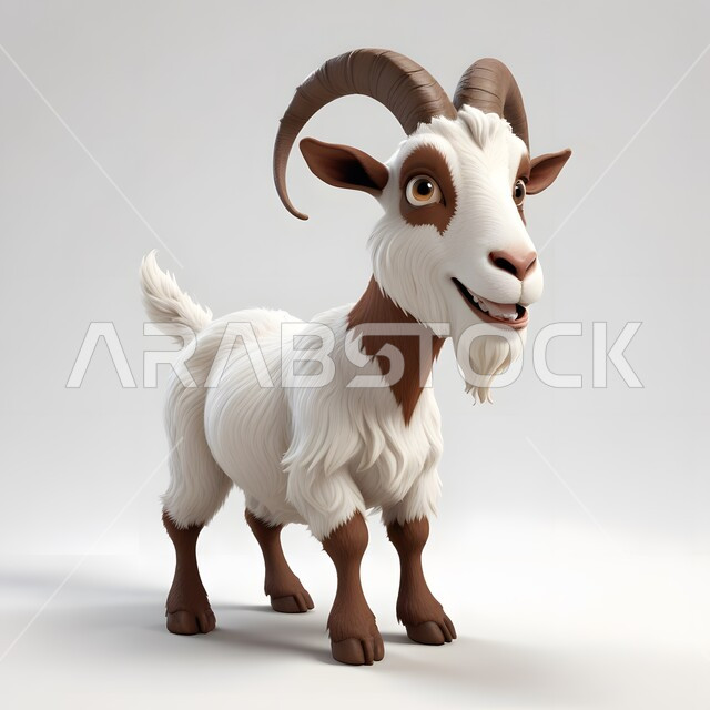 الأعياد والمناسبات الدينية الاسلامية، تربية الحيوانات والمواشي في المحميات الطبيعية، رسوم كرتونيه ثلاثية الابعاد لماعز لطيف مبتسم، قربان وأضحية عيد الأضحى، خلفية بيضاء