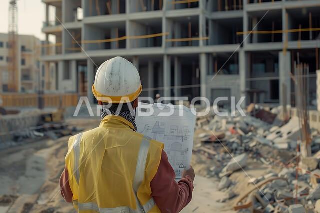 تدقيق مخططات المشروع، مهن ووظائف هندسية سعودية، الاشراف على المشاريع في موقع العمل، صورة مقربة من الخلف لمهندس مدني عربي خليجي سعودي يرتدي سترة وخوذة الحماية يقف في مقر الإنشاءات، تطور ونمو القطاع الهندسي في المملكة