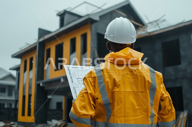 تطور ونمو القطاع الهندسي في المملكة، مهن ووظائف هندسية سعودية، الاشراف على المشاريع في موقع العمل، صورة مقربة من الخلف لمهندس مدني عربي خليجي سعودي يرتدي سترة وخوذة الحماية يقف في مقر الإنشاءات