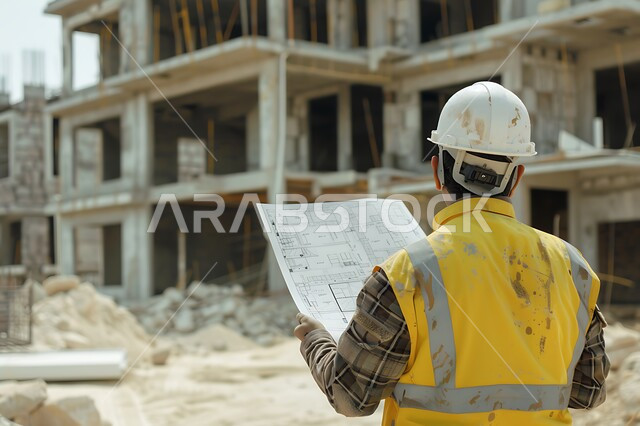 مهن ووظائف هندسية سعودية، الاشراف على المشاريع في موقع العمل، صورة مقربة من الخلف لمهندس مدني عربي خليجي سعودي يرتدي سترة وخوذة الحماية يقف في مقر الإنشاءات، تطور ونمو القطاع الهندسي في المملكة