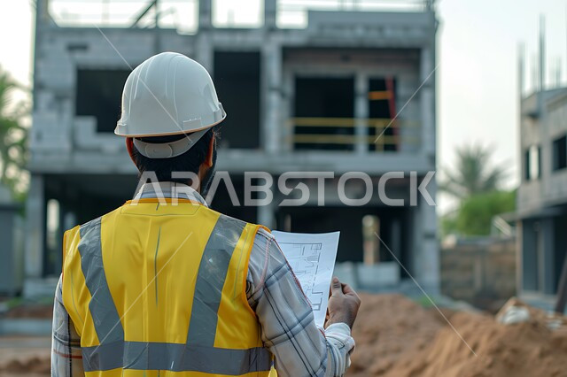 الاشراف على المشاريع في موقع العمل، صورة من الخلف لمهندس مدني عربي خليجي سعودي يرتدي سترة وخوذة الحماية يقف في مقر الإنشاءات، تطور ونمو القطاع الهندسي في المملكة، مهن ووظائف هندسية سعودية