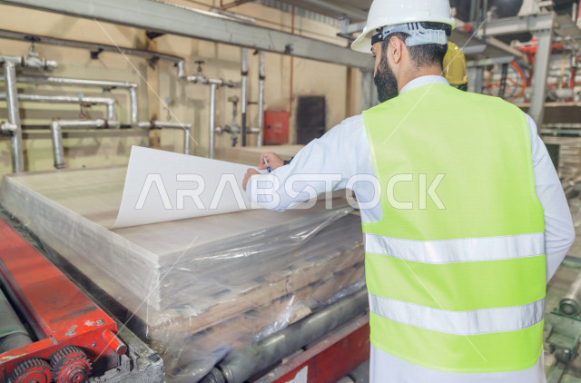 مهندس ومشرف سعودي يرتدي خوذه بيضاء يشرف داخل المصنع في المملكة العربية السعودية , ارتداء خوذة وسترة الحماية الخاصة بالعمل , التصنيع والإشراف والتدقيق في العمل , الهندسة والصناعة