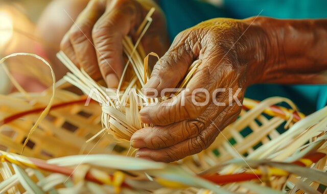 Using dried palm leaves in basket making, local national products, traditional folk crafts, close-up of the hands of an elderly Saudi Arabian Gulf man weaving palm fronds, heritage and authenticity in the Kingdom of Saudi Arabia, historical handicrafts