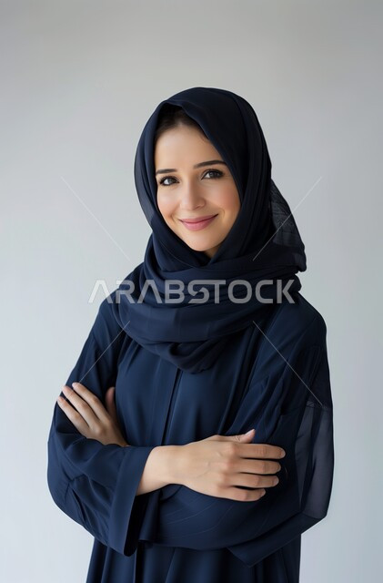 ملابس عصرية للمحجبات، مفهوم النعومة والأنوثة، الاهتمام بالمظهر الخارجي، بورتريه لشابة عربية خليجية سعودية ترتدي العباية والحجاب تقف بأيدي مكتوفة، إيماءات البهجة والسرور، خلفية رمادية