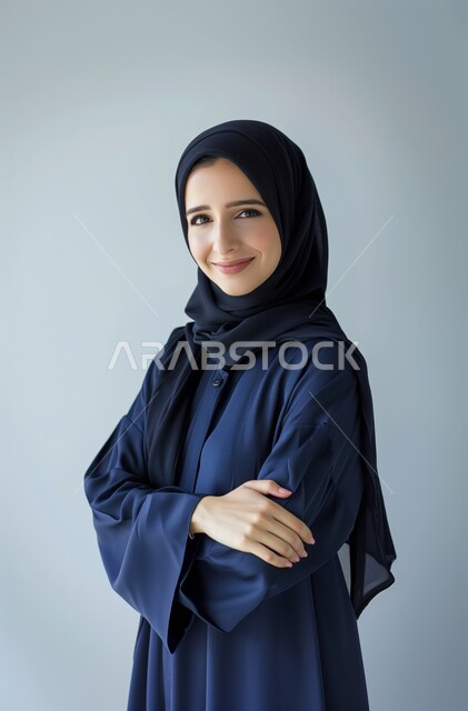 The concept of softness and femininity, interest in outward appearance, portrait of a young Saudi Arabian Gulf woman wearing an abaya and hijab standing with folded hands, gestures of joy and happiness, modern clothing for veiled women, gray background