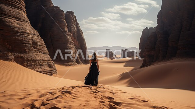 Adventure areas and fun tourist trips, desert environment in the Kingdom of Saudi Arabia, rock formations and formations in the desert, a picture from the back of a Saudi Arabian Gulf woman wearing a black dress enjoying the natural scenery