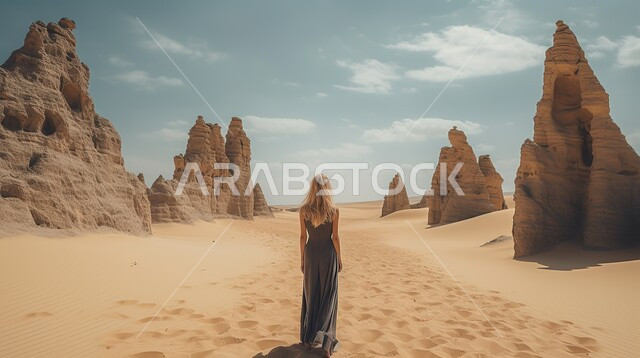 Adventure and fun tourist places, rock formations and formations in the desert, a picture from the back of a Saudi Arabian Gulf woman wearing a black dress enjoying the natural scenery, the desert environment in the Kingdom of Saudi Arabia