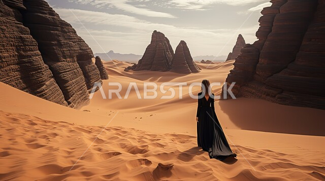 Rock formations and formations in the desert, places of adventure and fun tourist trips, a picture from the back of a Saudi Arabian Gulf woman wearing a black dress enjoying the natural scenery, the desert environment in the Kingdom of Saudi Arabia