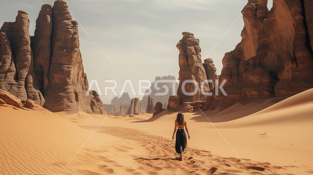 التكوينات والتشكيلات الرملية في الصحراء، أماكن المغامرات والرحلات السياحية الممتعة، صورة من الخلف لسيدة عربية خليجية سعودية ترتدي فستان أسود وتنظر إلى شيء ما، البيئة الصحراوية في المملكة العربية السعودية