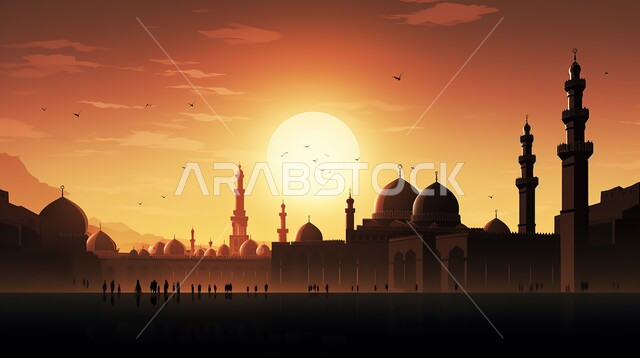فن الهندسة المعمارية لبناء المساجد في المملكة العربية السعودية، العبادة والتقرب إلى الله، الأماكن المقدسة و المعالم الإسلامية على الطراز الإسلامي الحديث، صور ظلية للقباب والمآذن عند غروب الشمس، سالويت