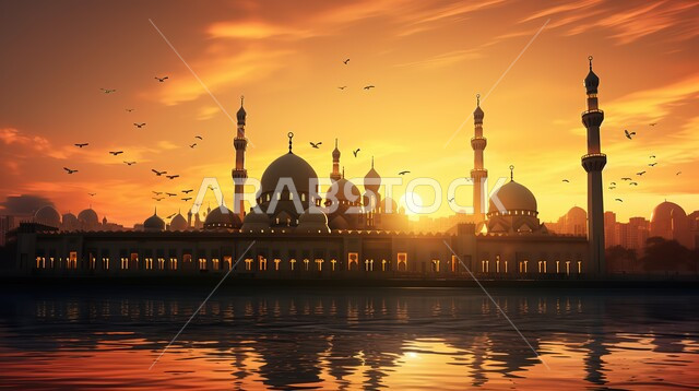 الأماكن المقدسة و المعالم الإسلامية على الطراز الإسلامي الحديث، العبادة والتقرب إلى الله، فن الهندسة المعمارية لبناء المساجد في المملكة العربية السعودية، صور ظلية للقباب والمآذن عند غروب الشمس، سالويت