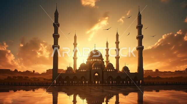 المعالم الإسلامية والأماكن المقدسة على الطراز الإسلامي الحديث، العبادة والتقرب إلى الله، فن الهندسة المعمارية لبناء المساجد في المملكة العربية السعودية، صور ظلية للقباب والمآذن عند غروب الشمس، سالويت