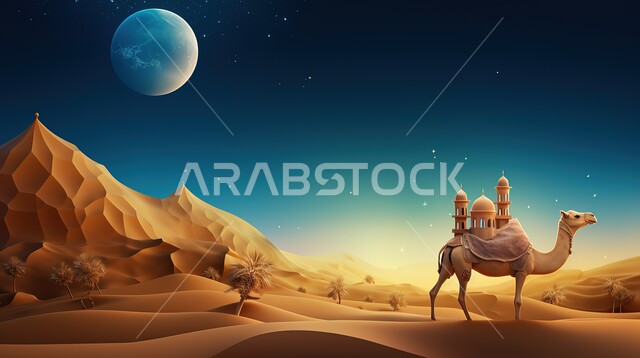 مناطق البادية والبيئة الطبيعية الصحراوية، الهضاب والتلال من الرمال الناعمة الذهبية، رسوم توضيحية لجمل يحمل على ظهره مسجد يسير فوق الكثبان الرملية في الصحراء، الحياة البدوية الشعبية والتنقل على ظهر الإبل في القدم، منظر النجوم المتلألئة والقمر في السماء ليلا