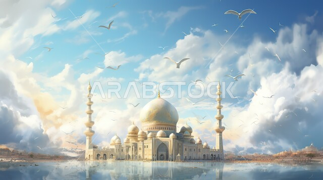 الأماكن والمعالم الدينية الإسلامية، الفن الهندسي المعماري على الطراز الحديث للمساجد، العبادة والتقرب إلى الله تعالى، رسوم توضيحية لمسجد عريق، الديكورات والتصاميم العصرية للمآذن والقبب، طيور تحلق في سماء مليئة بالغيوم