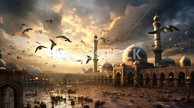 Islamic religious landmarks and places, modern architectural art of mosques, worship and closeness to Allah Almighty, illustrations of an ancient mosque, modern decorations and designs of minarets and domes, birds flying in a sky full of clouds