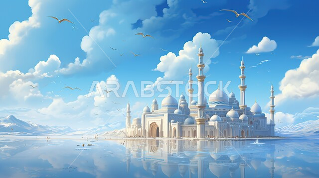 الفن الهندسي المعماري على الطراز الحديث للمساجد، المعالم والأماكن الدينية الإسلامية، العبادة والتقرب إلى الله تعالى، رسوم توضيحية لمسجد عريق، الديكورات والتصاميم العصرية للمآذن والقبب، طيور تحلق في سماء مليئة بالغيوم