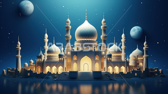 الديكورات والتصاميم العصرية للمآذن والقبب، رسوم توضيحية لمسجد عريق مضيئ في وقت الليل، الأماكن والمعالم الدينية الإسلامية، الفن الهندسي المعماري على الطراز الحديث للمساجد، العبادة والتقرب إلى الله تعالى