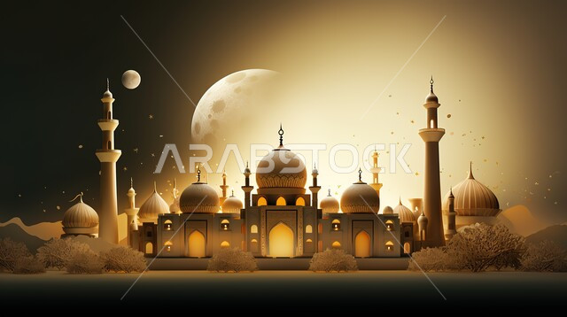 رسوم توضيحية لمسجد عريق مضيئ في وقت الليل، الأماكن والمعالم الدينية الإسلامية، الفن الهندسي المعماري على الطراز الحديث للمساجد، العبادة والتقرب إلى الله تعالى، الديكورات والتصاميم العصرية للمآذن والقبب