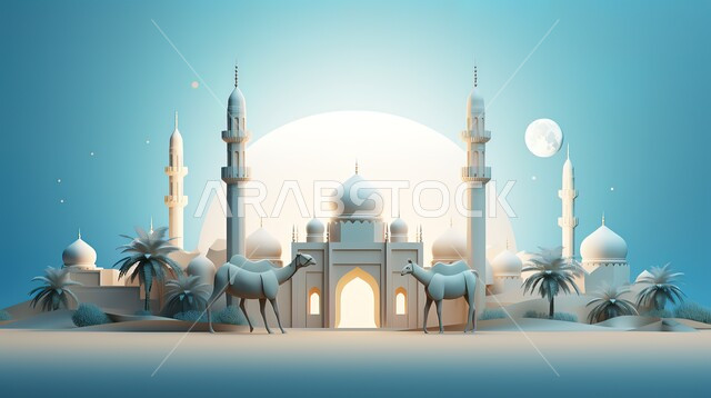 التصاميم والديكورات العصرية للمآذن والقبب، رسوم توضيحية لمسجد عريق وحيوانات الجمل  في الصحراء، الأماكن والمعالم الدينية الإسلامية، الفن الهندسي المعماري على الطراز الحديث للمساجد، العبادة والتقرب إلى الله تعالى