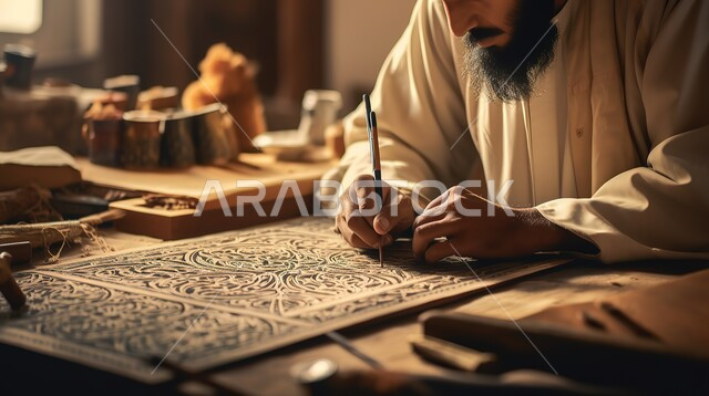 المهن والحرف اليدوية في المملكة العربية السعودية، فنون التخطيط والزخارف الإسلامية، صورة مقربة لخطاط عربي خليجي سعودي يرتدي الزي التقليدي يكتب بالخط العربي، أداء العمل بجد وإتقان